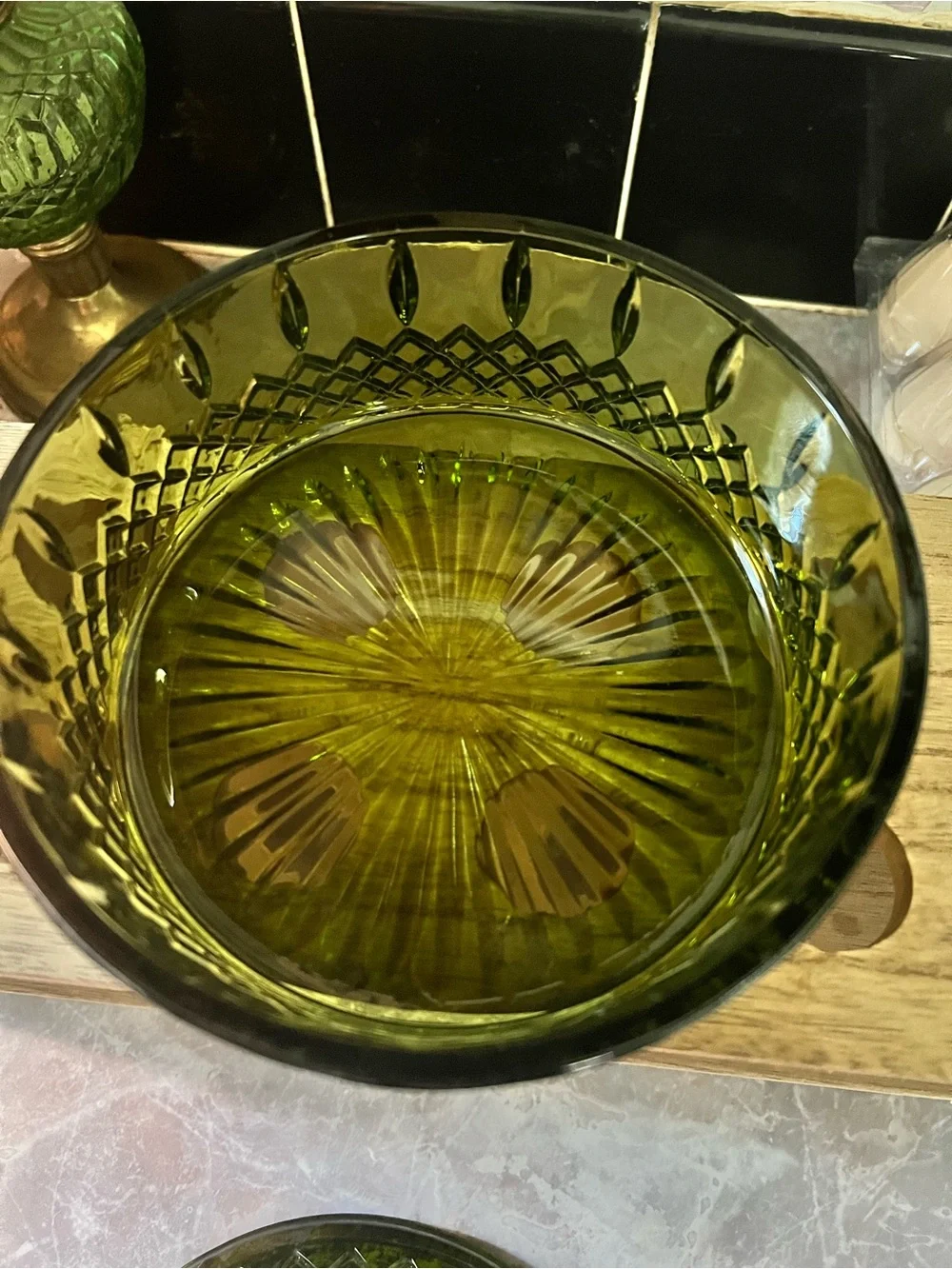 Vintage Indiana Glass candy dish in the Princess pattern and avocado green